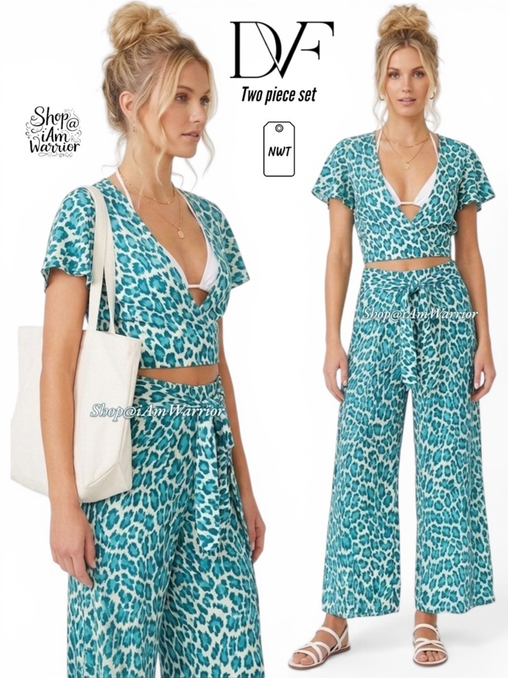 Diane von Furstenberg NWT cotton voile leopard print wrap top & matching pants